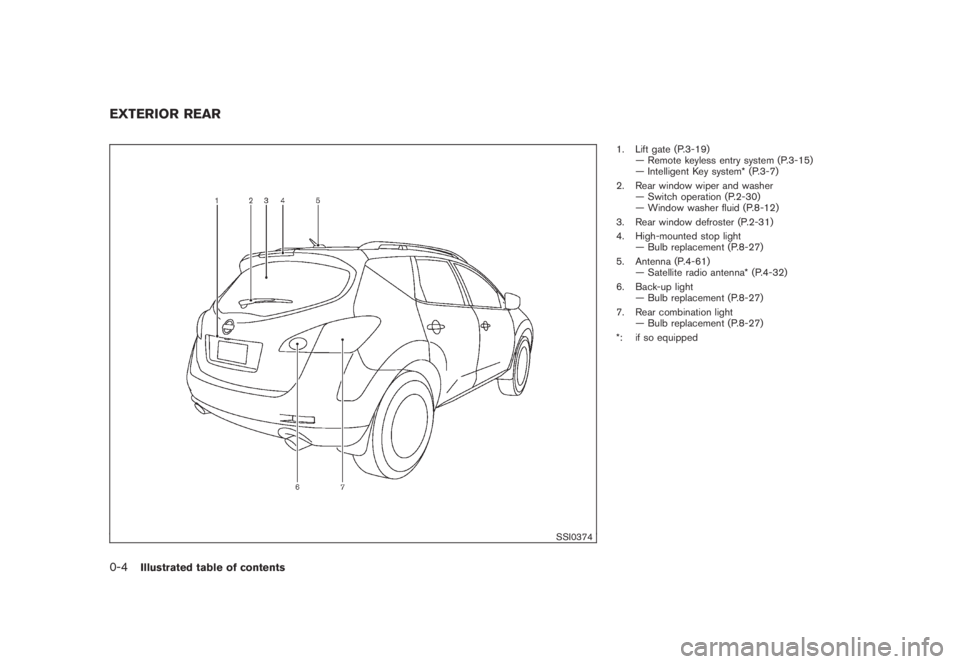 NISSAN MURANO 2008 Owners Manual Black plate (6,1)
Model "Z51-D" EDITED: 2008/ 6/ 26
SSI0374
1. Lift gate (P.3-19)
— Remote keyless entry system (P.3-15)
— Intelligent Key system* (P.3-7)
2. Rear window wiper and washer
— Switc NISSAN MURANO 2008 Owners Manual Black plate (6,1)
Model "Z51-D" EDITED: 2008/ 6/ 26
SSI0374
1. Lift gate (P.3-19)
— Remote keyless entry system (P.3-15)
— Intelligent Key system* (P.3-7)
2. Rear window wiper and washer
— Switc