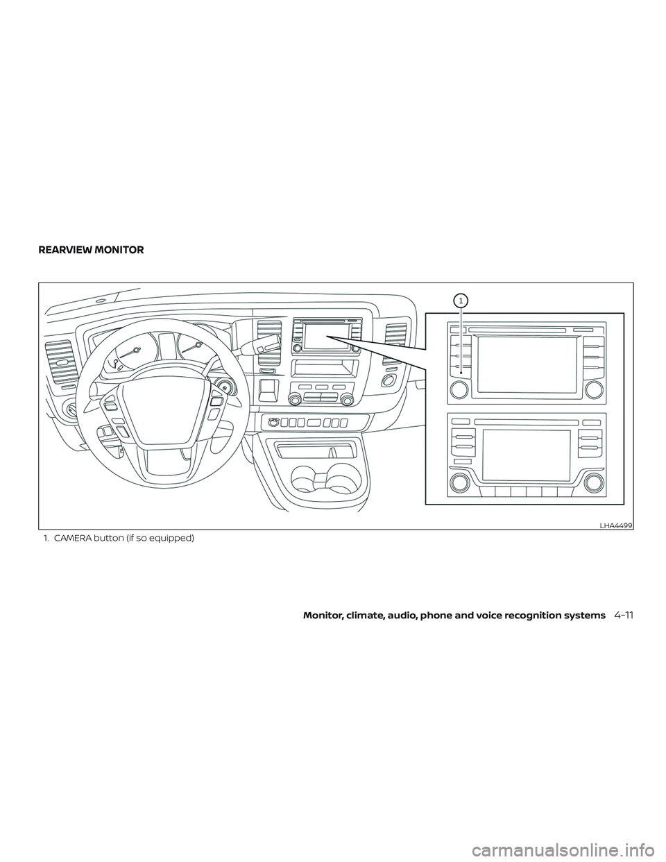 NISSAN NV PASSENGER VAN 2018  Owners Manual 1. CAMERA button (if so equipped)
LHA4499
REARVIEW MONITOR
Monitor, climate, audio, phone and voice recognition systems4-11 