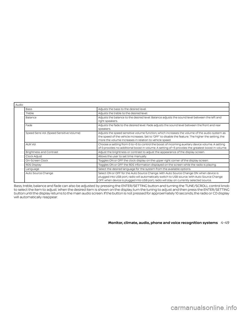 NISSAN NV PASSENGER VAN 2018  Owners Manual AudioBass Adjusts the bass to the desired level.
Treble Adjusts the treble to the desired level.
Balance Adjusts the balance to the desired level. Balance adjusts the sound level between the lef t and