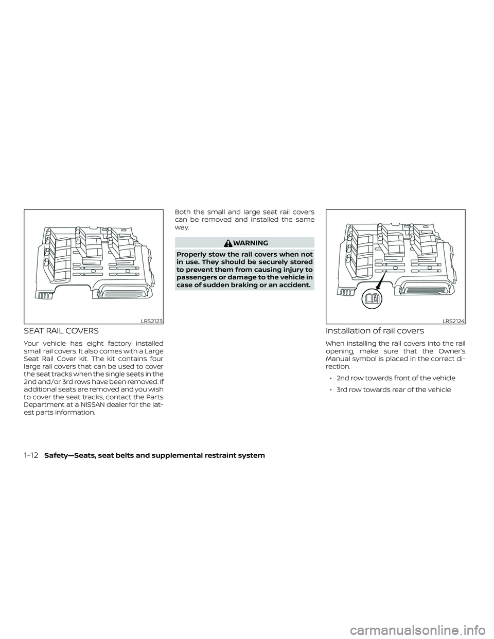 NISSAN NV PASSENGER VAN 2018 Owners Guide SEAT RAIL COVERS
Your vehicle has eight factory installed
small rail covers. It also comes with a Large
Seat Rail Cover kit. The kit contains four
large rail covers that can be used to cover
the seat NISSAN NV PASSENGER VAN 2018 Owners Guide SEAT RAIL COVERS
Your vehicle has eight factory installed
small rail covers. It also comes with a Large
Seat Rail Cover kit. The kit contains four
large rail covers that can be used to cover
the seat