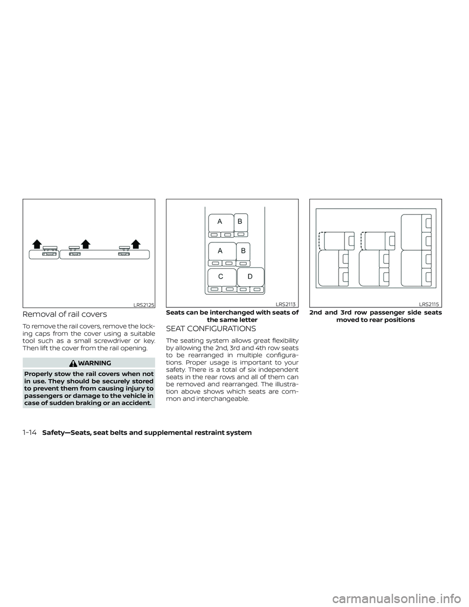 NISSAN NV PASSENGER VAN 2018 Owners Guide Removal of rail covers
To remove the rail covers, remove the lock-
ing caps from the cover using a suitable
tool such as a small screwdriver or key.
Then lif t the cover from the rail opening.
WARNING NISSAN NV PASSENGER VAN 2018 Owners Guide Removal of rail covers
To remove the rail covers, remove the lock-
ing caps from the cover using a suitable
tool such as a small screwdriver or key.
Then lif t the cover from the rail opening.
WARNING