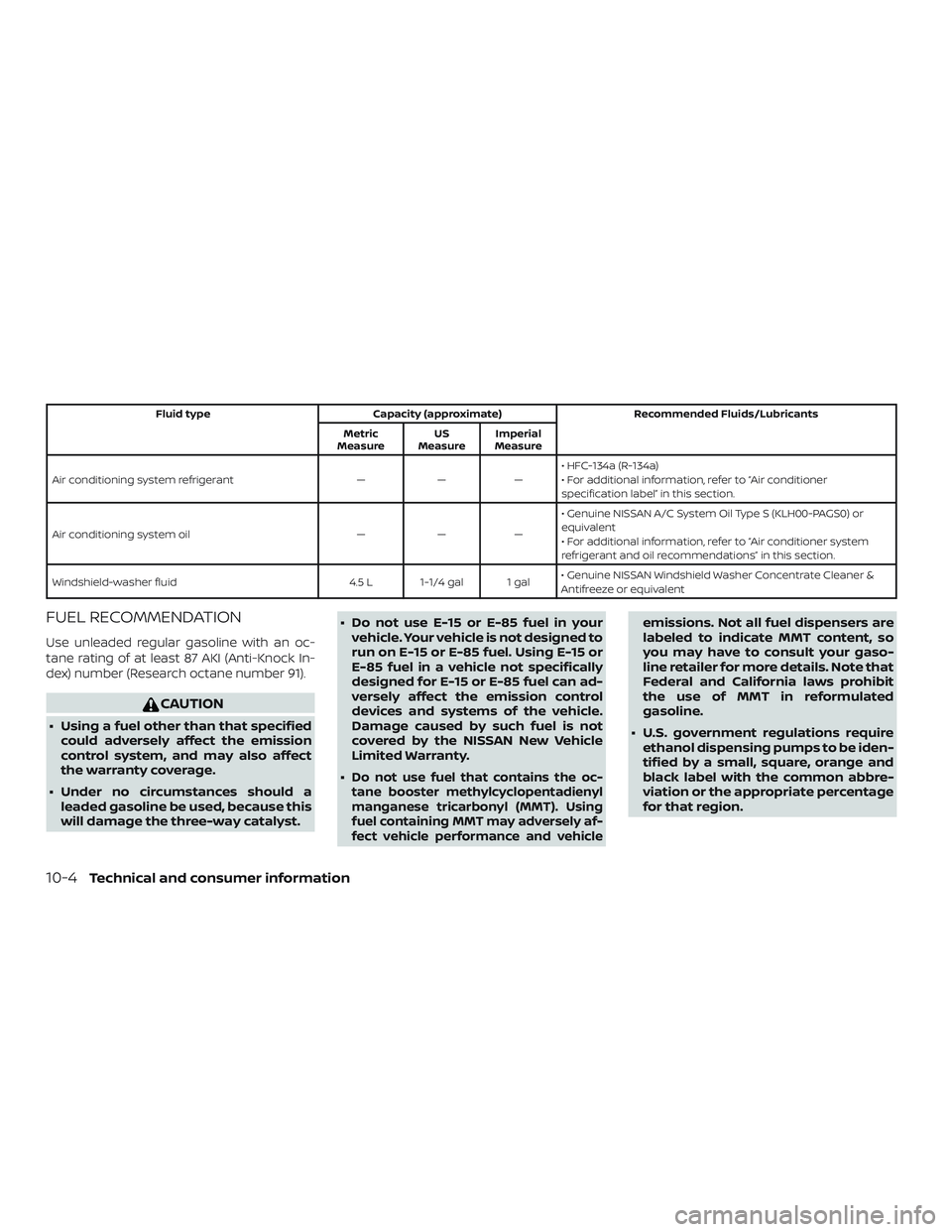 NISSAN NV PASSENGER VAN 2018  Owners Manual Fluid typeCapacity (approximate) Recommended Fluids/Lubricants
Metric
Measure US
Measure Imperial
Measure
Air conditioning system refrigerant ———• HFC-134a (R-134a)
• For additional informat