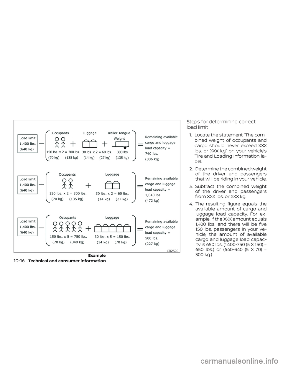 NISSAN NV PASSENGER VAN 2018  Owners Manual Steps for determining correct
load limit
1. Locate the statement “The com-bined weight of occupants and
cargo should never exceed XXX
lbs. or XXX kg” on your vehicle’s
Tire and Loading Informati