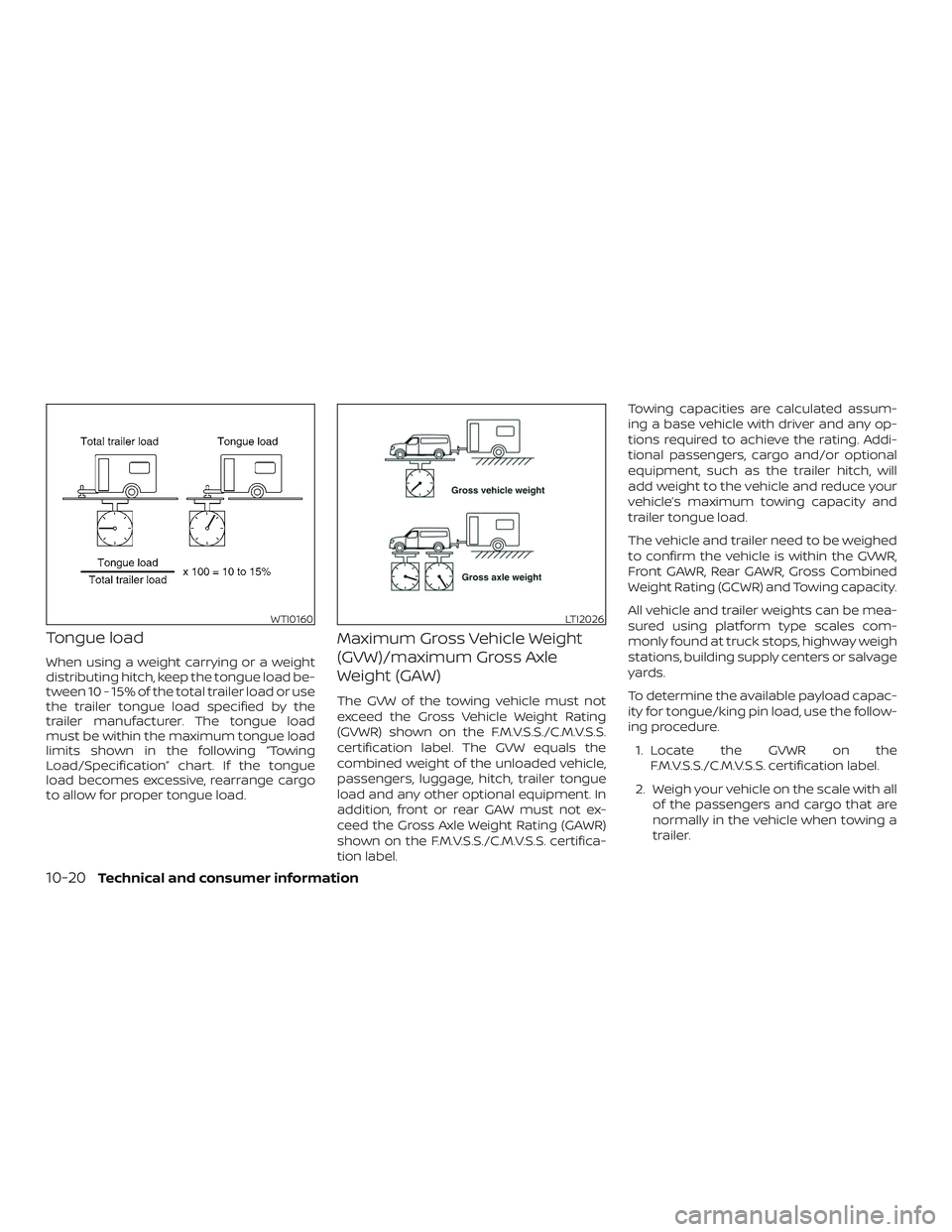 NISSAN NV PASSENGER VAN 2018  Owners Manual Tongue load
When using a weight carrying or a weight
distributing hitch, keep the tongue load be-
tween 10 - 15% of the total trailer load or use
the trailer tongue load specified by the
trailer manuf
