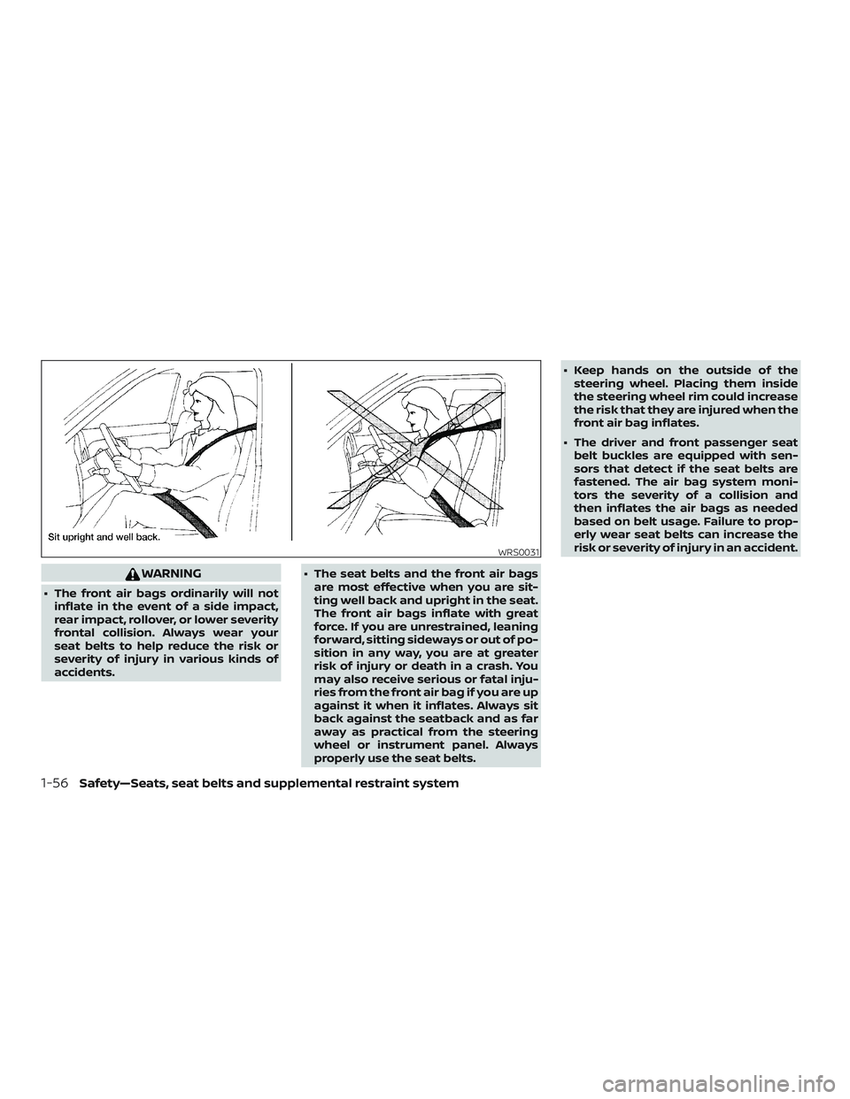 NISSAN NV PASSENGER VAN 2018 Manual PDF WARNING
∙ The front air bags ordinarily will notinflate in the event of a side impact,
rear impact, rollover, or lower severity
frontal collision. Always wear your
seat belts to help reduce the risk