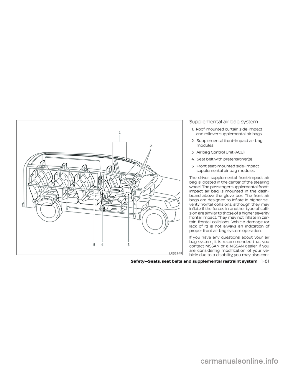 NISSAN NV PASSENGER VAN 2018 Manual Online Supplemental air bag system
1. Roof-mounted curtain side-impactand rollover supplemental air bags
2. Supplemental front-impact air bag modules
3. Air bag Control Unit (ACU)
4. Seat belt with pretensio NISSAN NV PASSENGER VAN 2018 Manual Online Supplemental air bag system
1. Roof-mounted curtain side-impactand rollover supplemental air bags
2. Supplemental front-impact air bag modules
3. Air bag Control Unit (ACU)
4. Seat belt with pretensio