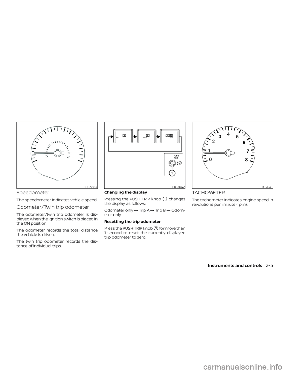 NISSAN NV PASSENGER VAN 2018  Owners Manual Speedometer
The speedometer indicates vehicle speed.
Odometer/Twin trip odometer
The odometer/twin trip odometer is dis-
played when the ignition switch is placed in
the ON position.
The odometer reco