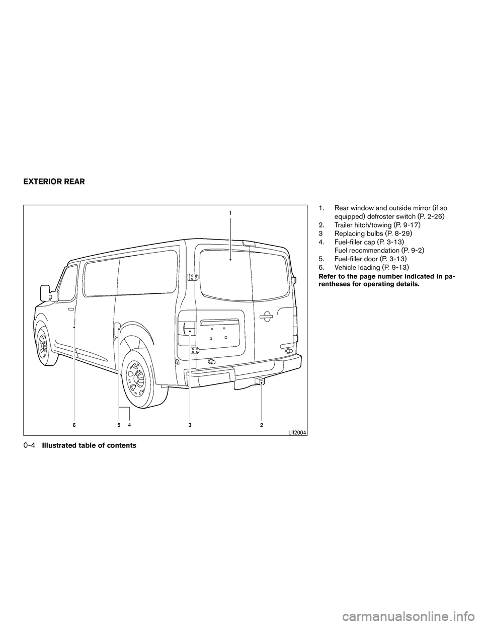 NISSAN NV PASSENGER VAN 2016 User Guide 1. Rear window and outside mirror (if soequipped) defroster switch (P. 2-26)
2. Trailer hitch/towing (P. 9-17)
3 Replacing bulbs (P. 8-29)
4. Fuel-filler cap (P. 3-13) Fuel recommendation (P. 9-2)
5. 