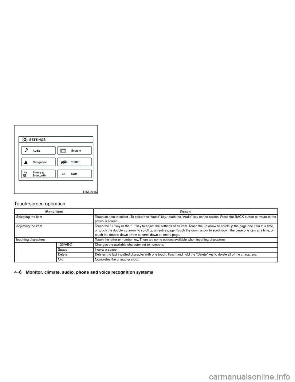 NISSAN NV PASSENGER VAN 2016  Owners Manual Touch-screen operation
Menu ItemResult
Selecting the item Touch an item to select . To select the “Audio” key, touch the “Audio” key on the screen. Press the BACK button to return to the
previ