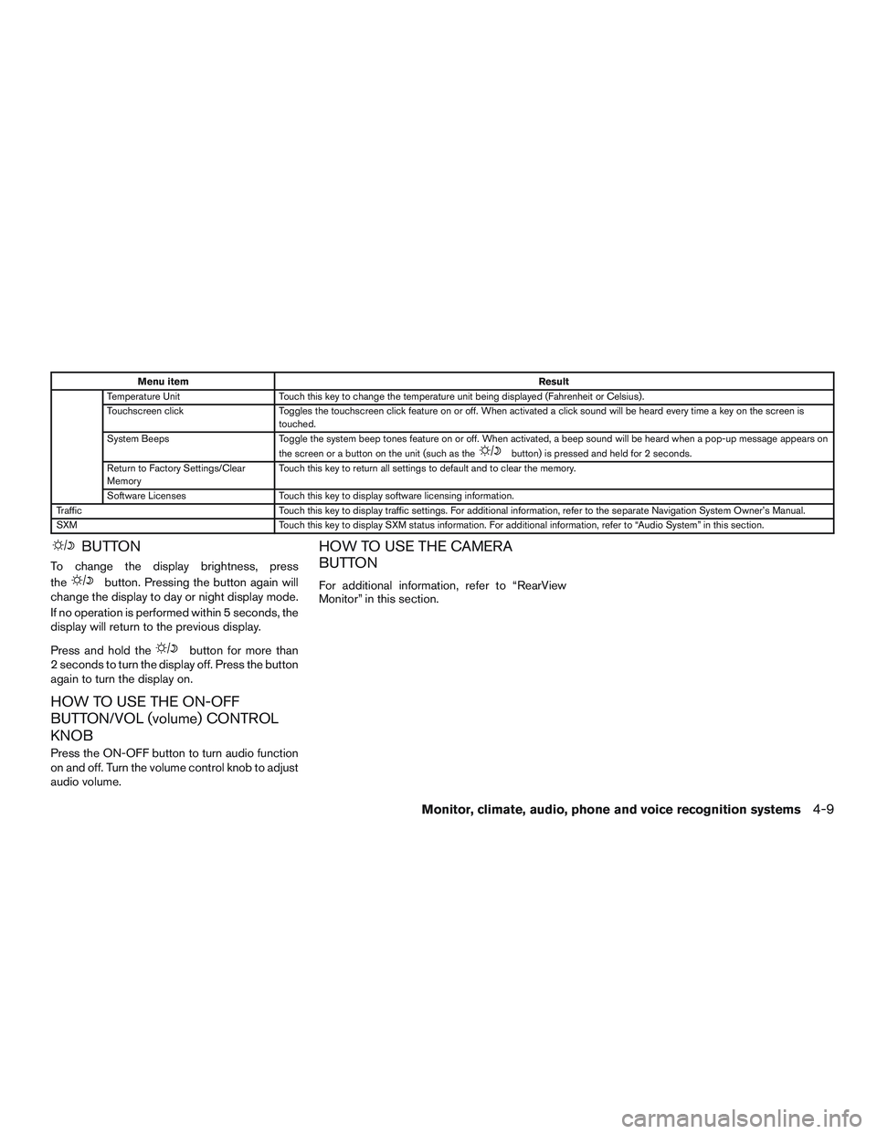 NISSAN NV PASSENGER VAN 2016  Owners Manual Menu itemResult
Temperature Unit Touch this key to change the temperature unit being displayed (Fahrenheit or Celsius) .
Touchscreen click Toggles the touchscreen click feature on or off. When activat