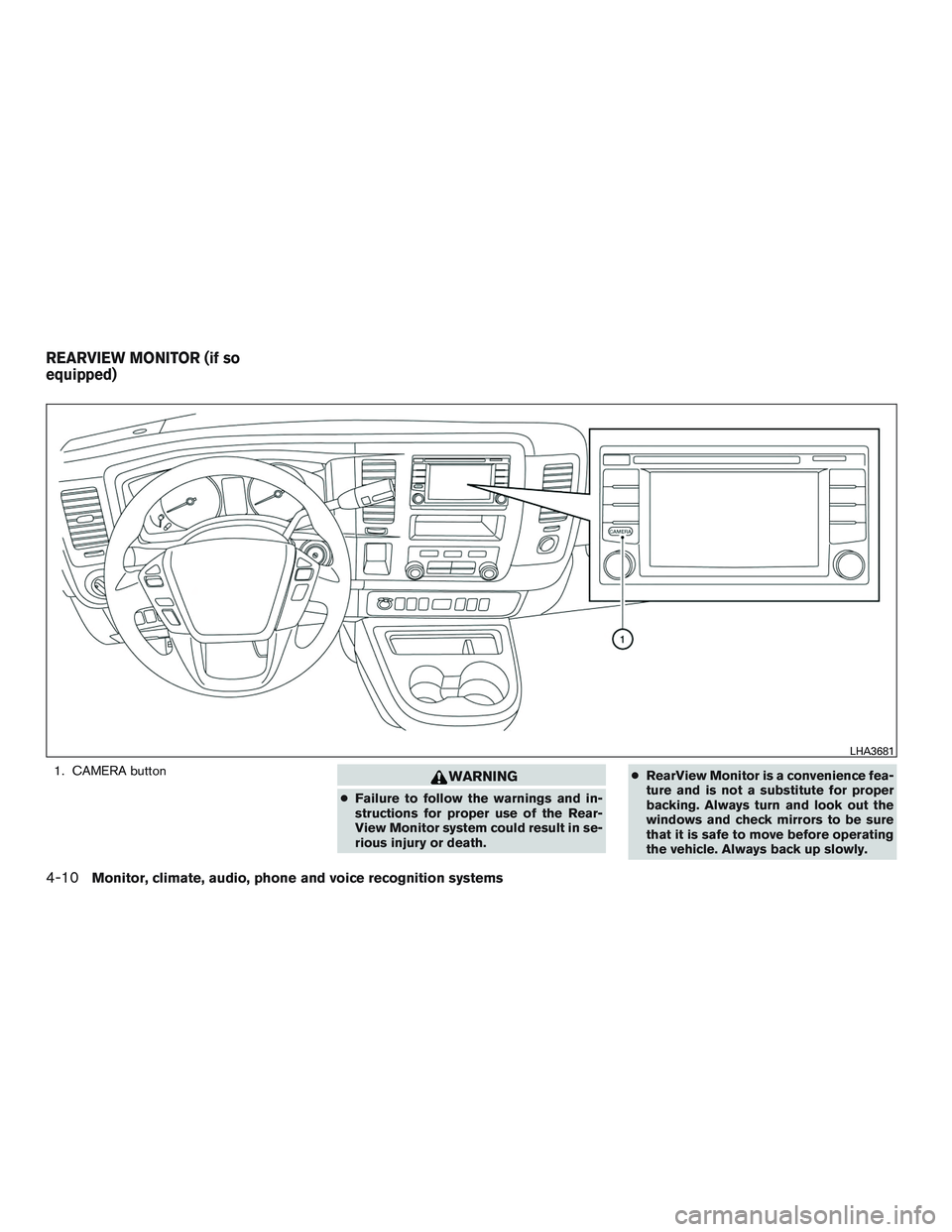 NISSAN NV PASSENGER VAN 2016  Owners Manual 1. CAMERA buttonWARNING
●Failure to follow the warnings and in-
structions for proper use of the Rear-
View Monitor system could result in se-
rious injury or death. ●
RearView Monitor is a conven