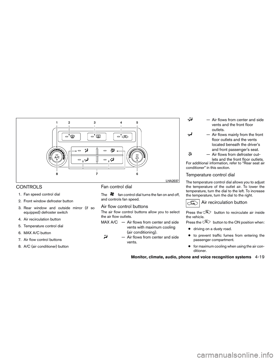 NISSAN NV PASSENGER VAN 2016  Owners Manual CONTROLS
1. Fan speed control dial
2. Front window defroster button
3. Rear window and outside mirror (if soequipped) defroster switch
4. Air recirculation button
5. Temperature control dial
6. MAX A/