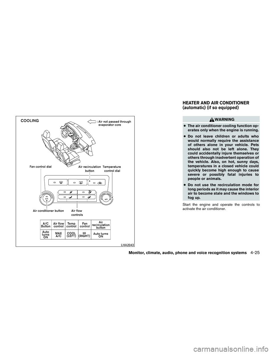 NISSAN NV PASSENGER VAN 2016  Owners Manual WARNING
●The air conditioner cooling function op-
erates only when the engine is running.
● Do not leave children or adults who
would normally require the assistance
of others alone in your vehicl
