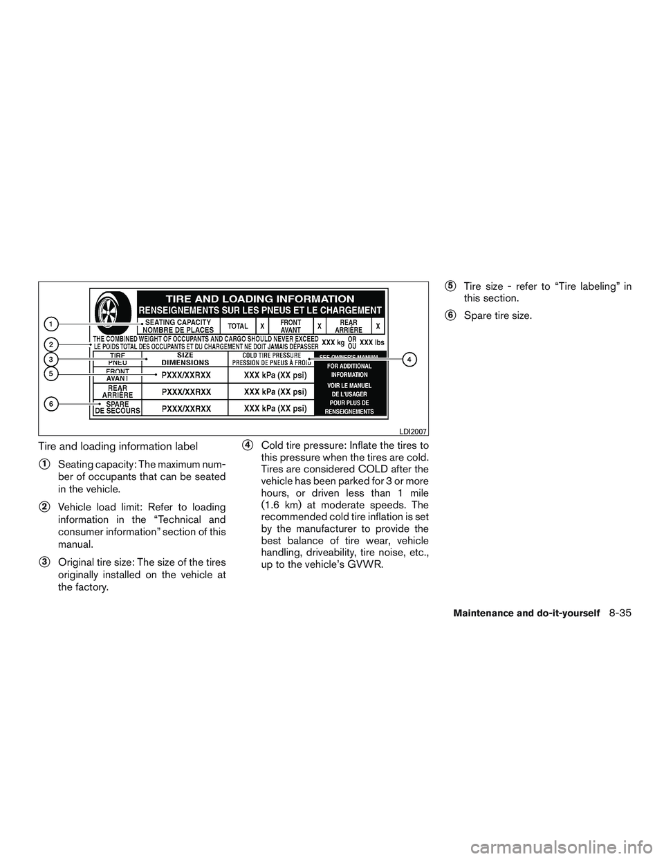 NISSAN NV PASSENGER VAN 2016  Owners Manual Tire and loading information label
1Seating capacity: The maximum num-
ber of occupants that can be seated
in the vehicle.
2Vehicle load limit: Refer to loading
information in the “Technical and
c
