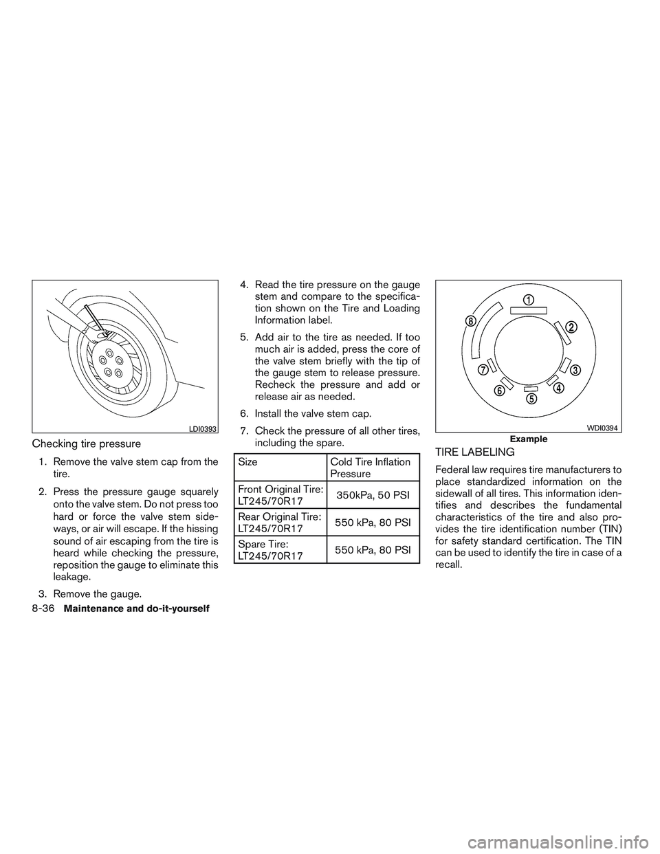 NISSAN NV PASSENGER VAN 2016  Owners Manual Checking tire pressure
1. Remove the valve stem cap from thetire.
2. Press the pressure gauge squarely onto the valve stem. Do not press too
hard or force the valve stem side-
ways, or air will escape
