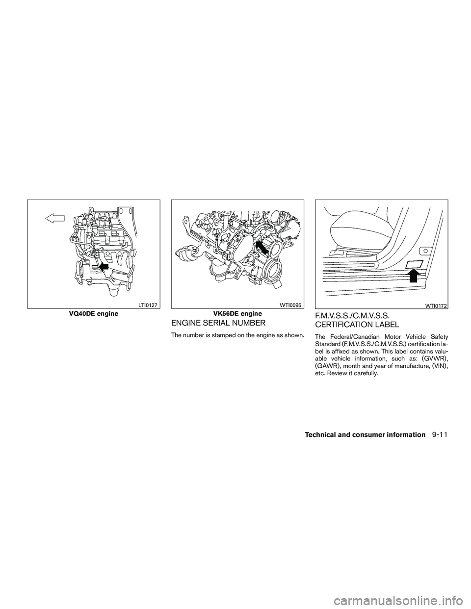 NISSAN NV PASSENGER VAN 2016 Owners Manual ENGINE SERIAL NUMBER
The number is stamped on the engine as shown.
F.M.V.S.S./C.M.V.S.S.
CERTIFICATION LABEL
The Federal/Canadian Motor Vehicle Safety
Standard (F.M.V.S.S./C.M.V.S.S.) certification la NISSAN NV PASSENGER VAN 2016 Owners Manual ENGINE SERIAL NUMBER
The number is stamped on the engine as shown.
F.M.V.S.S./C.M.V.S.S.
CERTIFICATION LABEL
The Federal/Canadian Motor Vehicle Safety
Standard (F.M.V.S.S./C.M.V.S.S.) certification la