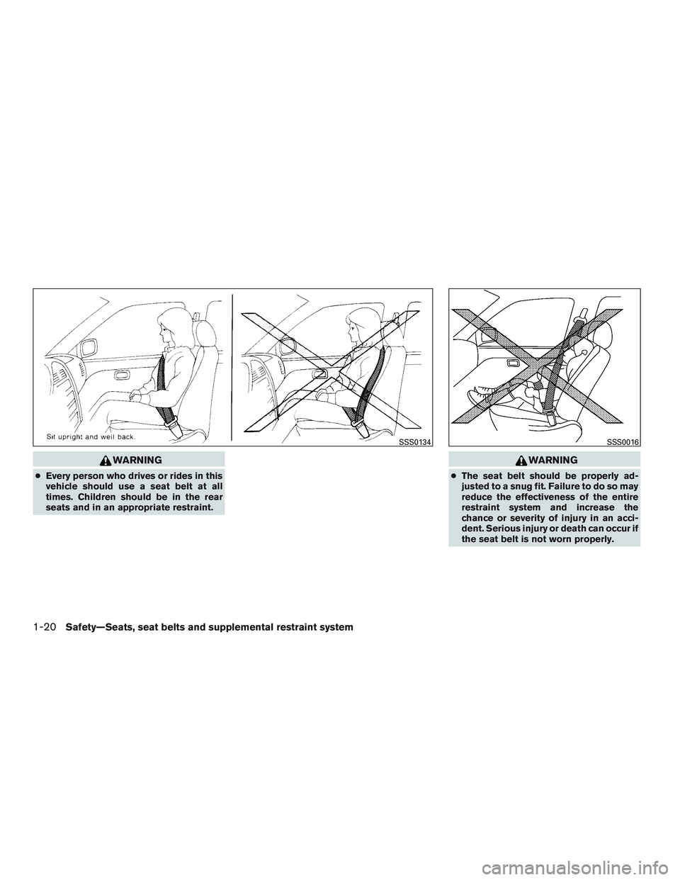 NISSAN NV PASSENGER VAN 2016 Service Manual WARNING
●Every person who drives or rides in this
vehicle should use a seat belt at all
times. Children should be in the rear
seats and in an appropriate restraint.
WARNING
● The seat belt should 