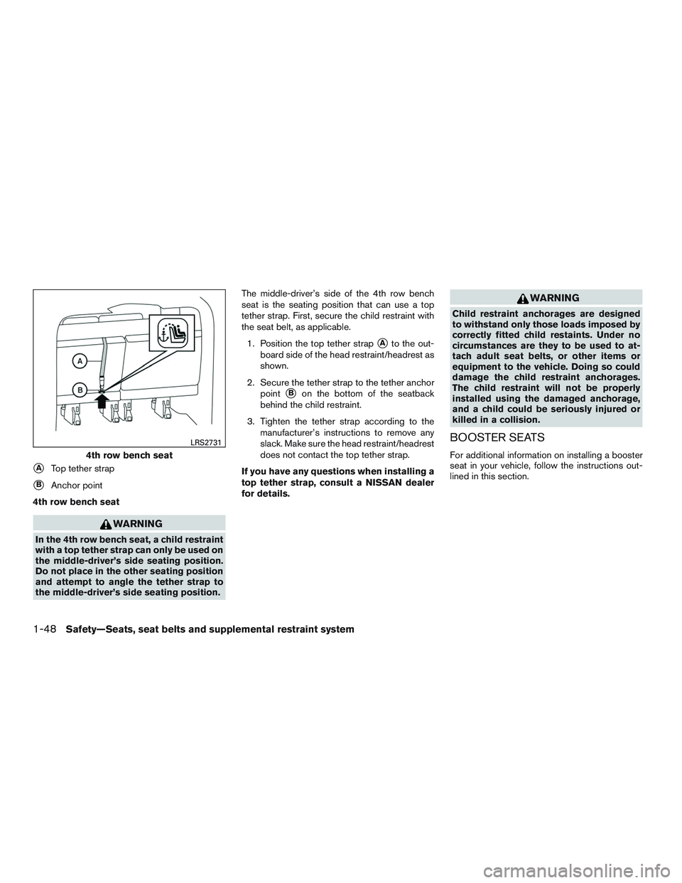 NISSAN NV PASSENGER VAN 2016 Repair Manual ATop tether strap
BAnchor point
4th row bench seat
WARNING
In the 4th row bench seat, a child restraint
with a top tether strap can only be used on
the middle-driver’s side seating position.
Do no