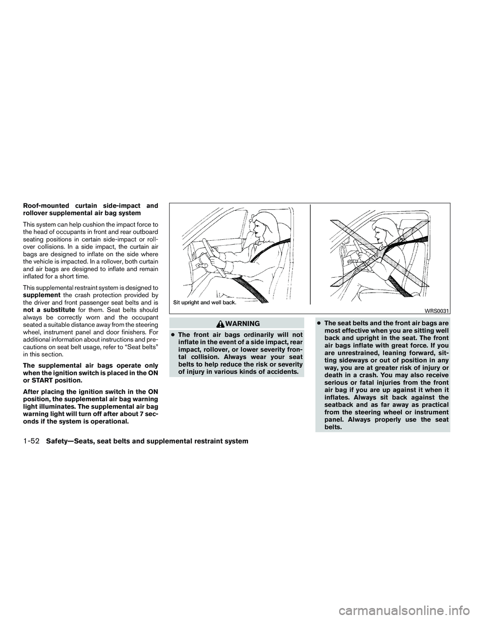 NISSAN NV PASSENGER VAN 2016  Owners Manual Roof-mounted curtain side-impact and
rollover supplemental air bag system
This system can help cushion the impact force to
the head of occupants in front and rear outboard
seating positions in certain