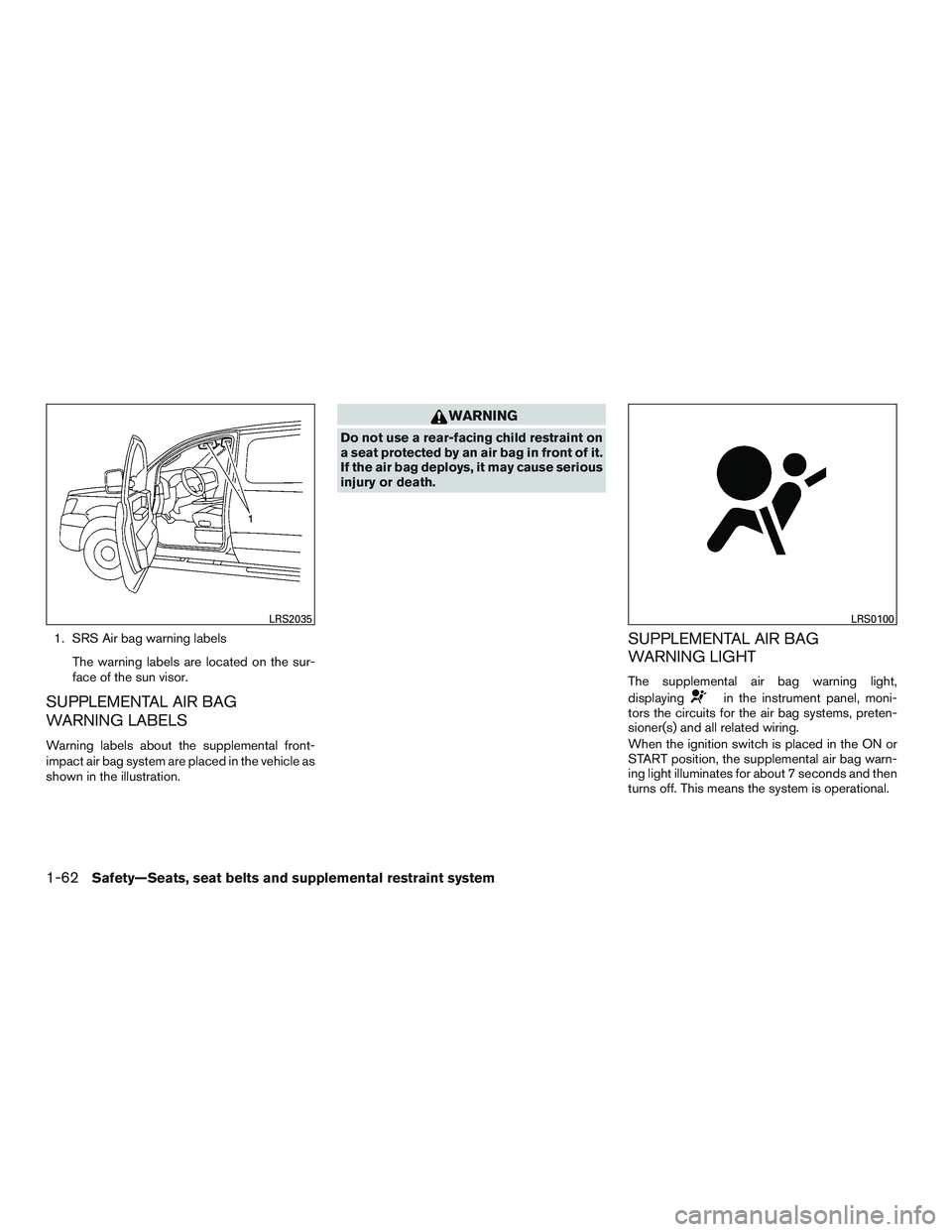 NISSAN NV PASSENGER VAN 2016  Owners Manual 1. SRS Air bag warning labelsThe warning labels are located on the sur-
face of the sun visor.
SUPPLEMENTAL AIR BAG
WARNING LABELS
Warning labels about the supplemental front-
impact air bag system ar