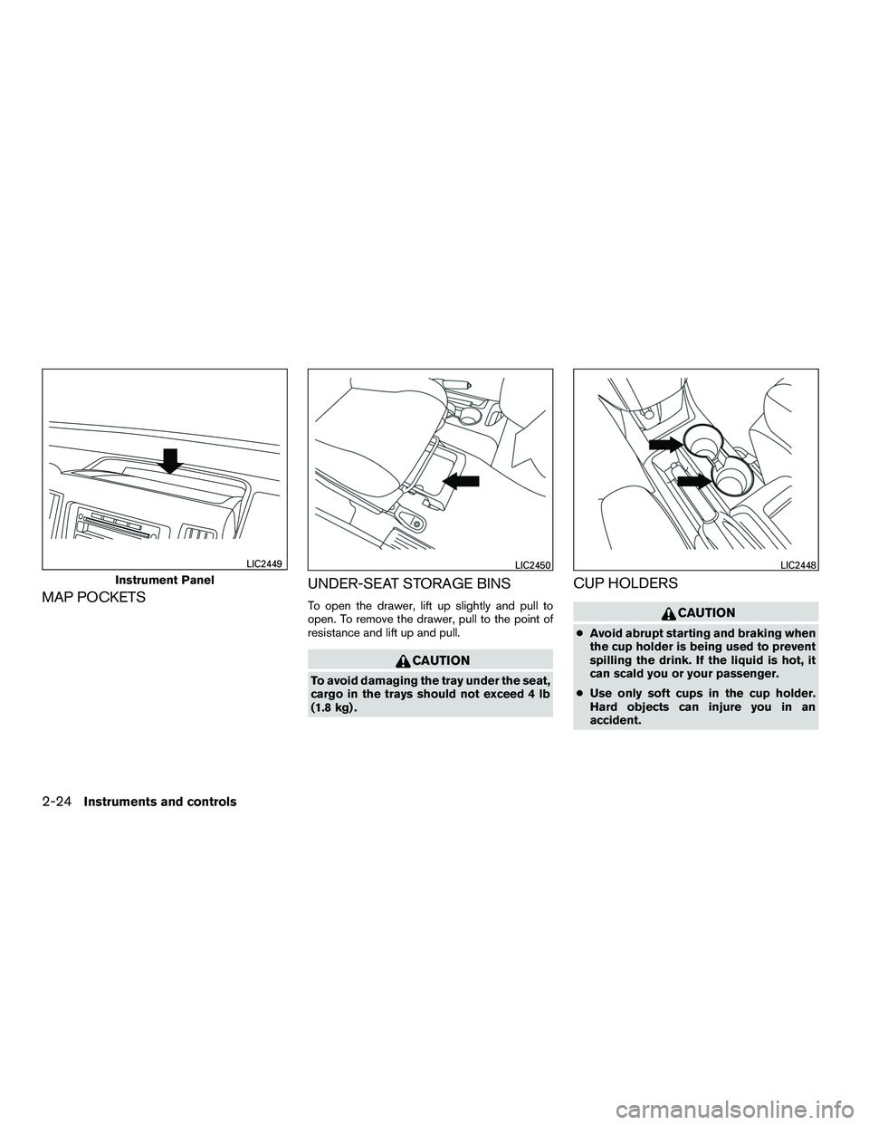 NISSAN NV200 2016  Owners Manual MAP POCKETSUNDER-SEAT STORAGE BINSTo open the drawer, lift up slightly and pull to
open. To remove the drawer, pull to the point of
resistance and lift up and pull.
CAUTION
To avoid damaging the tray 
