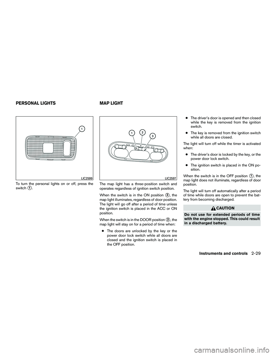 NISSAN NV200 2016  Owners Manual To turn the personal lights on or off, press the
switch
1.The map light has a three-position switch and
operates regardless of ignition switch position.
When the switch is in the ON position
3, the
