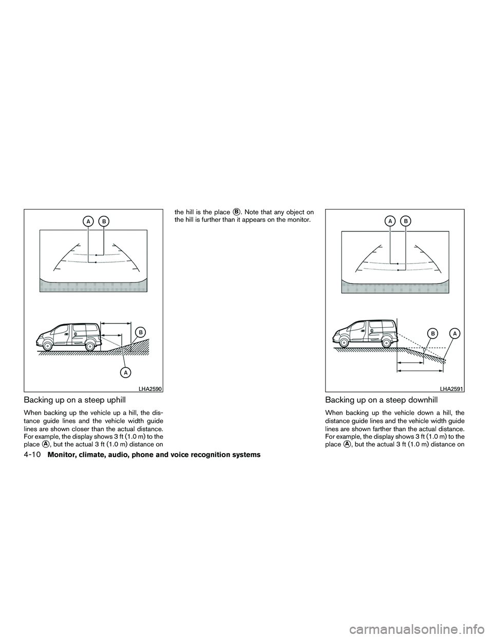 NISSAN NV200 2016  Owners Manual Backing up on a steep uphill
When backing up the vehicle up a hill, the dis-
tance guide lines and the vehicle width guide
lines are shown closer than the actual distance.
For example, the display sho