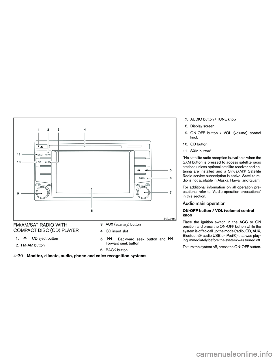 NISSAN NV200 2016  Owners Manual FM/AM/SAT RADIO WITH
COMPACT DISC (CD) PLAYER
1.CD eject button
2. FM-AM button 3. AUX (auxiliary) button
4. CD insert slot
5.Backward seek button andForward seek button
6. BACK button 7. AUDIO button