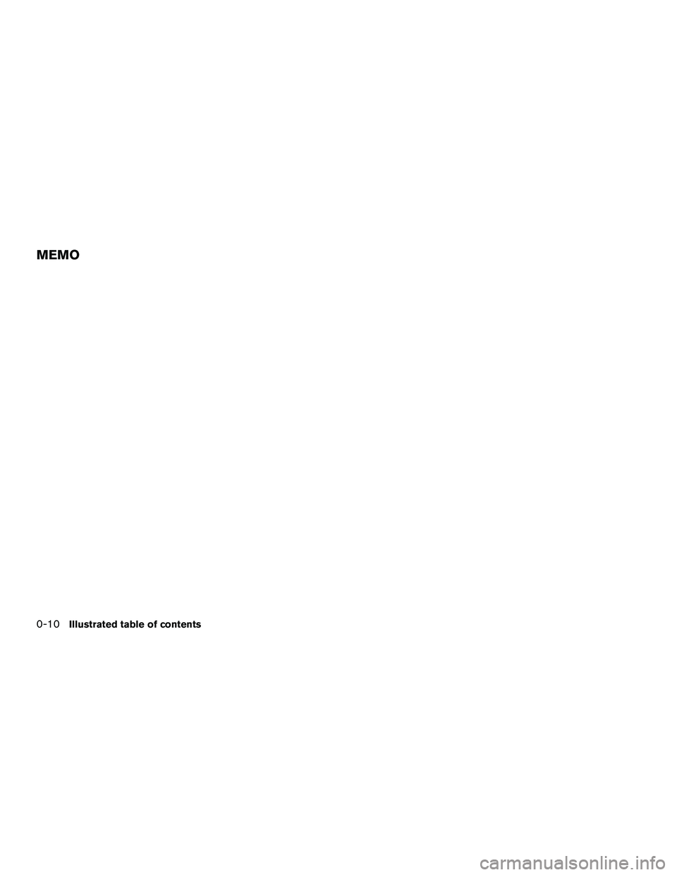 NISSAN NV200 2016 User Guide MEMO
0-10Illustrated table of contents 