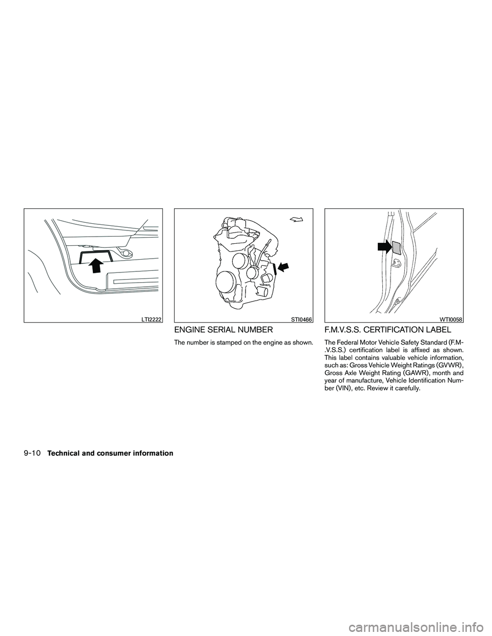 NISSAN NV200 2016  Owners Manual ENGINE SERIAL NUMBER
The number is stamped on the engine as shown.
F.M.V.S.S. CERTIFICATION LABEL
The Federal Motor Vehicle Safety Standard (F.M-
.V.S.S.) certification label is affixed as shown.
This
