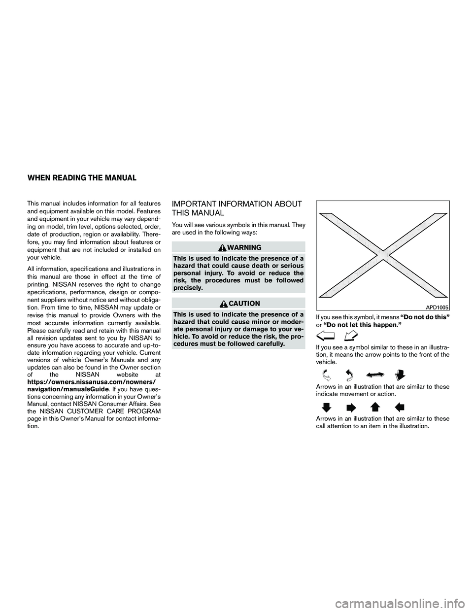 NISSAN NV200 2016 Owners Manual This manual includes information for all features
and equipment available on this model. Features
and equipment in your vehicle may vary depend-
ing on model, trim level, options selected, order,
date NISSAN NV200 2016 Owners Manual This manual includes information for all features
and equipment available on this model. Features
and equipment in your vehicle may vary depend-
ing on model, trim level, options selected, order,
date