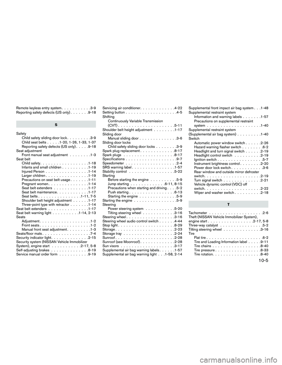 NISSAN NV200 2016  Owners Manual Remote keyless entry system...........3-9
Reporting safety defects (US only) .......9-18
S
Safety Child safety sliding door lock .........3-9
Childseatbelts.....1-20,1-26,1-33,1-37
Reporting safety de