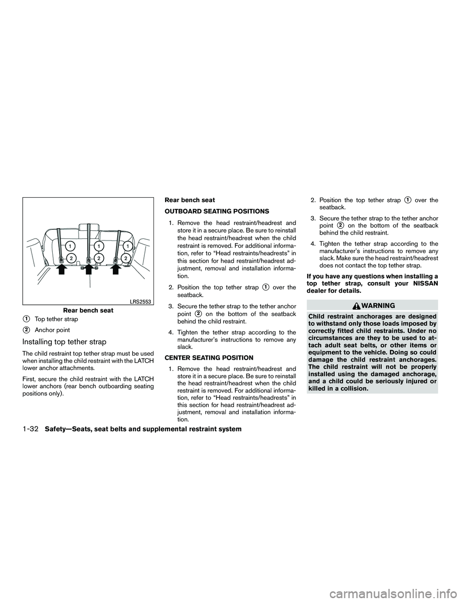 NISSAN NV200 2016 Workshop Manual 1Top tether strap
2Anchor point
Installing top tether strap
The child restraint top tether strap must be used
when installing the child restraint with the LATCH
lower anchor attachments.
First, secu