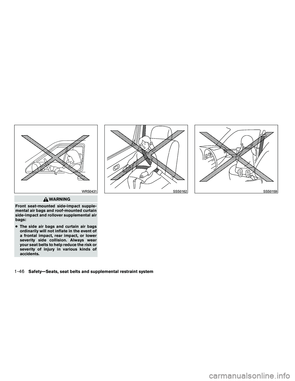 NISSAN NV200 2016 Repair Manual WARNING
Front seat-mounted side-impact supple-
mental air bags and roof-mounted curtain
side-impact and rollover supplemental air
bags:
●The side air bags and curtain air bags
ordinarily will not in