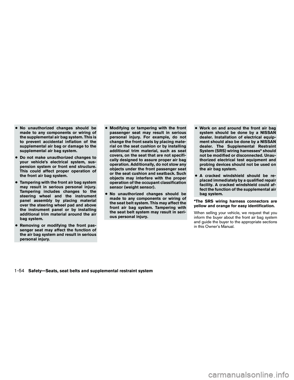 NISSAN NV200 2016 Manual PDF ●No unauthorized changes should be
made to any components or wiring of
the supplemental air bag system. This is
to prevent accidental inflation of the
supplemental air bag or damage to the
supplemen NISSAN NV200 2016 Manual PDF ●No unauthorized changes should be
made to any components or wiring of
the supplemental air bag system. This is
to prevent accidental inflation of the
supplemental air bag or damage to the
supplemen