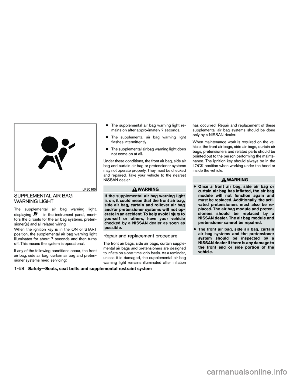 NISSAN NV200 2016 Manual PDF SUPPLEMENTAL AIR BAG
WARNING LIGHT
The supplemental air bag warning light,
displaying
in the instrument panel, moni-
tors the circuits for the air bag systems, preten-
sioner(s) and all related wiring NISSAN NV200 2016 Manual PDF SUPPLEMENTAL AIR BAG
WARNING LIGHT
The supplemental air bag warning light,
displaying
in the instrument panel, moni-
tors the circuits for the air bag systems, preten-
sioner(s) and all related wiring