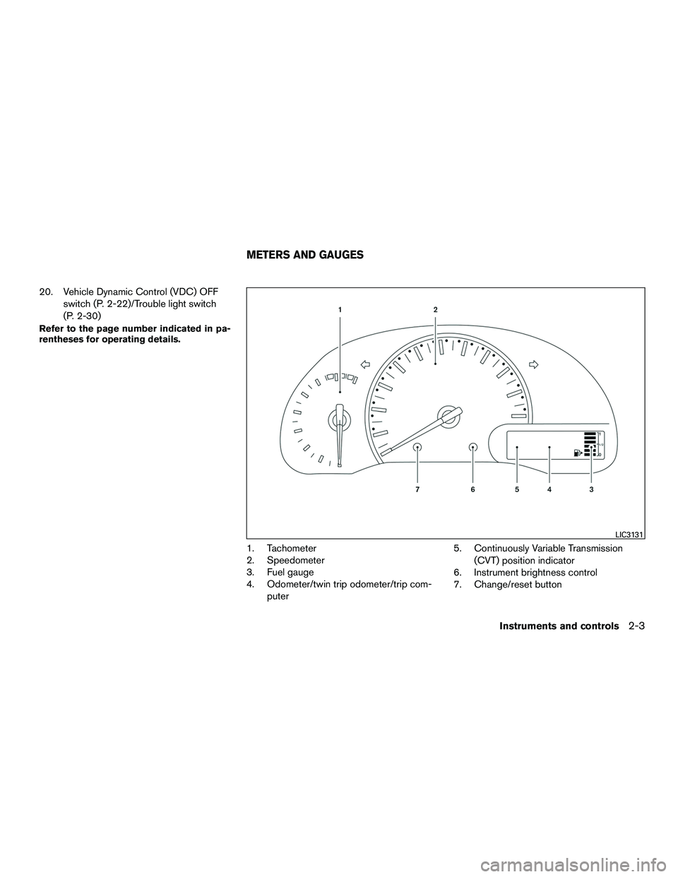 NISSAN NV200 2016 Manual Online 20. Vehicle Dynamic Control (VDC) OFFswitch (P. 2-22)/Trouble light switch
(P. 2-30)
Refer to the page number indicated in pa-
rentheses for operating details.
1. Tachometer
2. Speedometer
3. Fuel gau