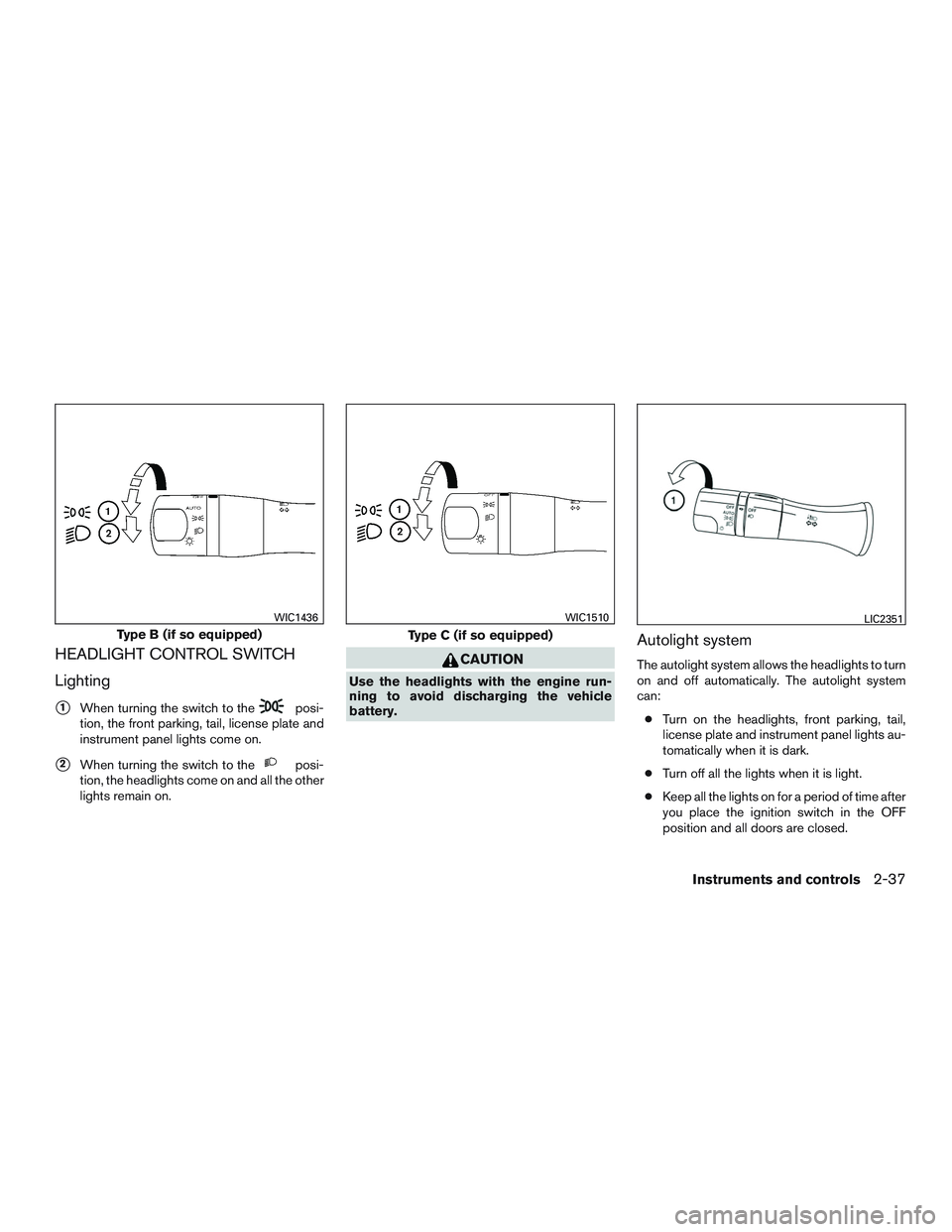 NISSAN PATHFINDER HYBRID 2015  Owners Manual HEADLIGHT CONTROL SWITCH
Lighting
1When turning the switch to theposi-
tion, the front parking, tail, license plate and
instrument panel lights come on.
2When turning the switch to theposi-
tion, th