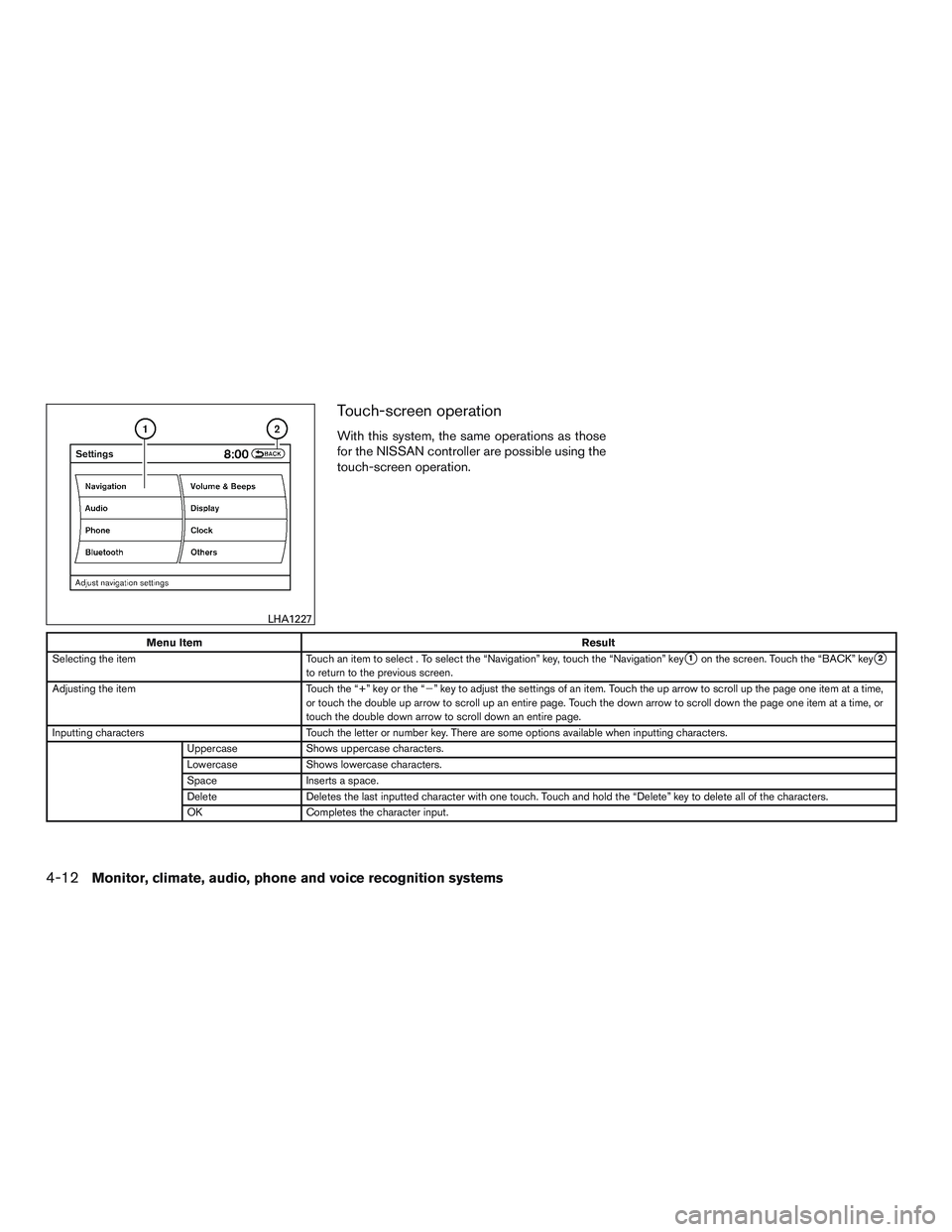 NISSAN PATHFINDER HYBRID 2015  Owners Manual Touch-screen operation
With this system, the same operations as those
for the NISSAN controller are possible using the
touch-screen operation.
Menu ItemResult
Selecting the item Touch an item to selec