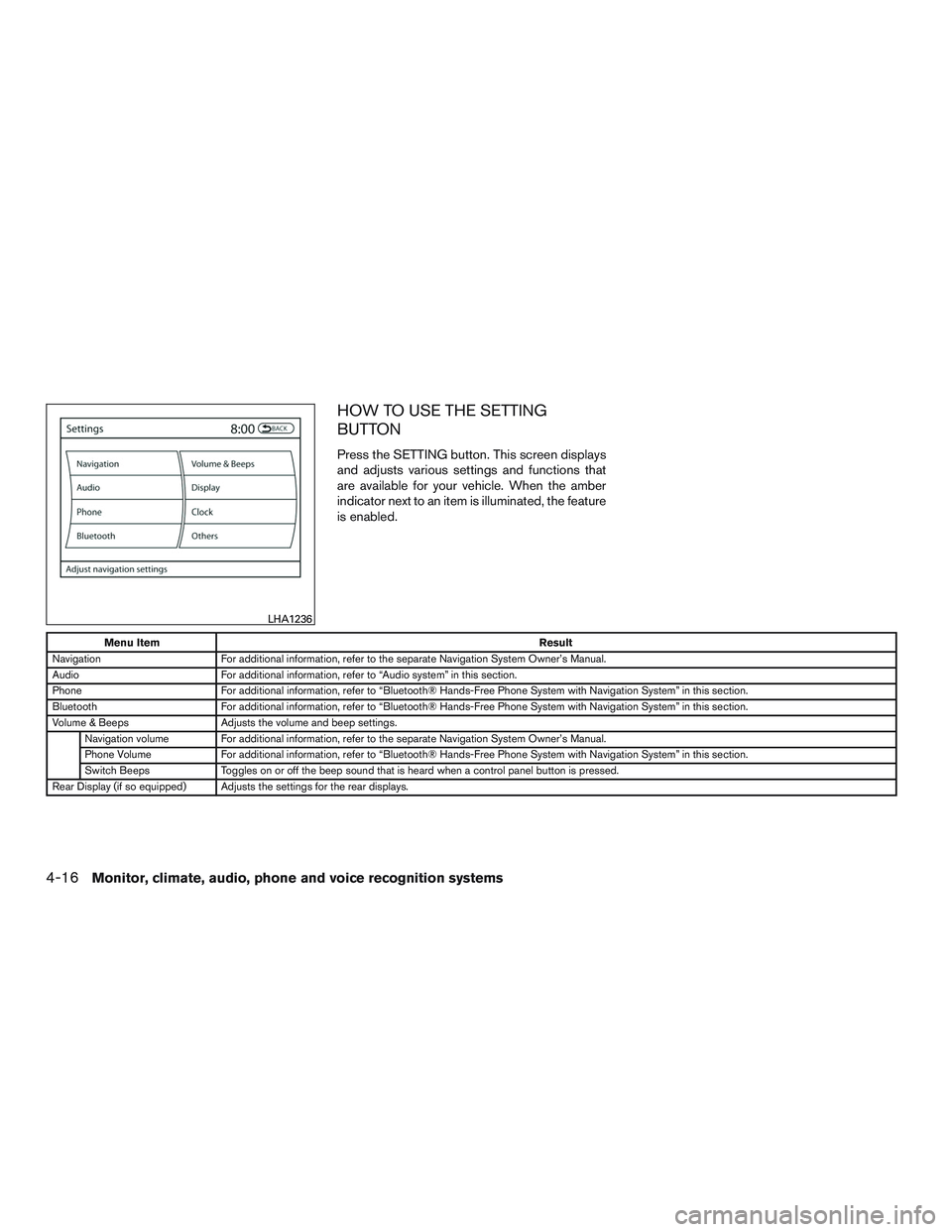 NISSAN PATHFINDER HYBRID 2015  Owners Manual HOW TO USE THE SETTING
BUTTON
Press the SETTING button. This screen displays
and adjusts various settings and functions that
are available for your vehicle. When the amber
indicator next to an item is