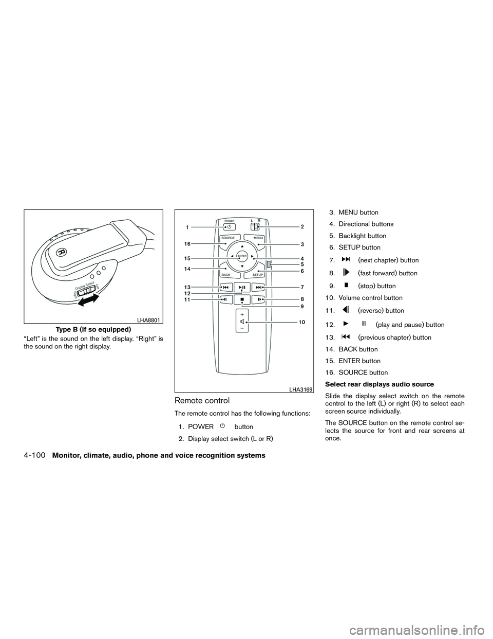 NISSAN PATHFINDER HYBRID 2015  Owners Manual “Left” is the sound on the left display. “Right” is
the sound on the right display.
Remote control
The remote control has the following functions:
1. POWER
button
2. Display select switch (L o