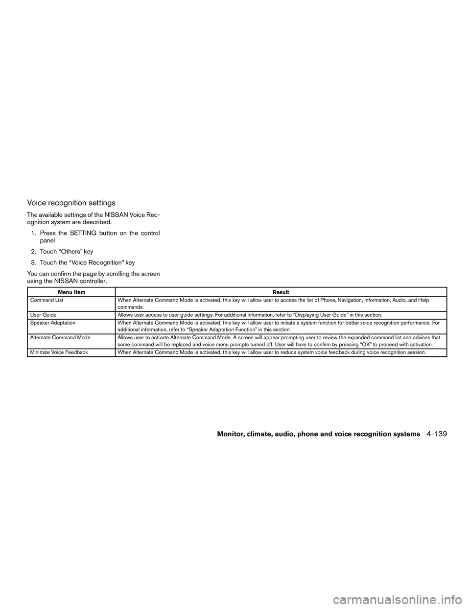 NISSAN PATHFINDER HYBRID 2015  Owners Manual Voice recognition settings
The available settings of the NISSAN Voice Rec-
ognition system are described.
1. Press the SETTING button on the control
panel
2. Touch “Others” key
3. Touch the “Voi