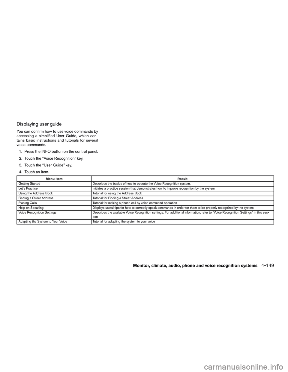 NISSAN PATHFINDER HYBRID 2015  Owners Manual Displaying user guide
You can confirm how to use voice commands by
accessing a simplified User Guide, which con-
tains basic instructions and tutorials for several
voice commands.
1. Press the INFO bu