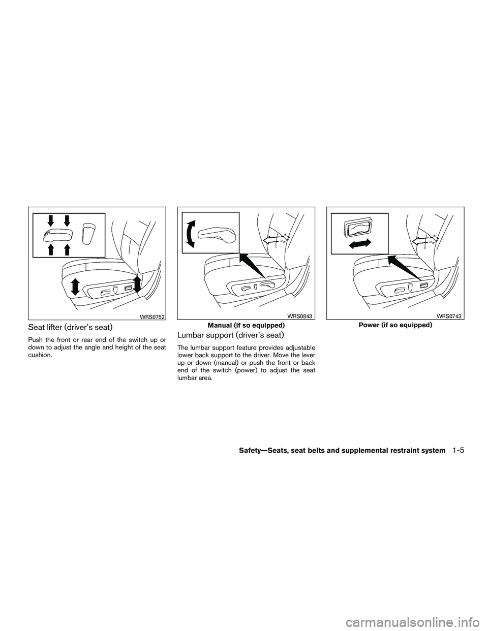 NISSAN PATHFINDER HYBRID 2015 Owners Guide Seat lifter (driver’s seat)
Push the front or rear end of the switch up or
down to adjust the angle and height of the seat
cushion.Lumbar support (driver’s seat)
The lumbar support feature provide NISSAN PATHFINDER HYBRID 2015 Owners Guide Seat lifter (driver’s seat)
Push the front or rear end of the switch up or
down to adjust the angle and height of the seat
cushion.Lumbar support (driver’s seat)
The lumbar support feature provide
