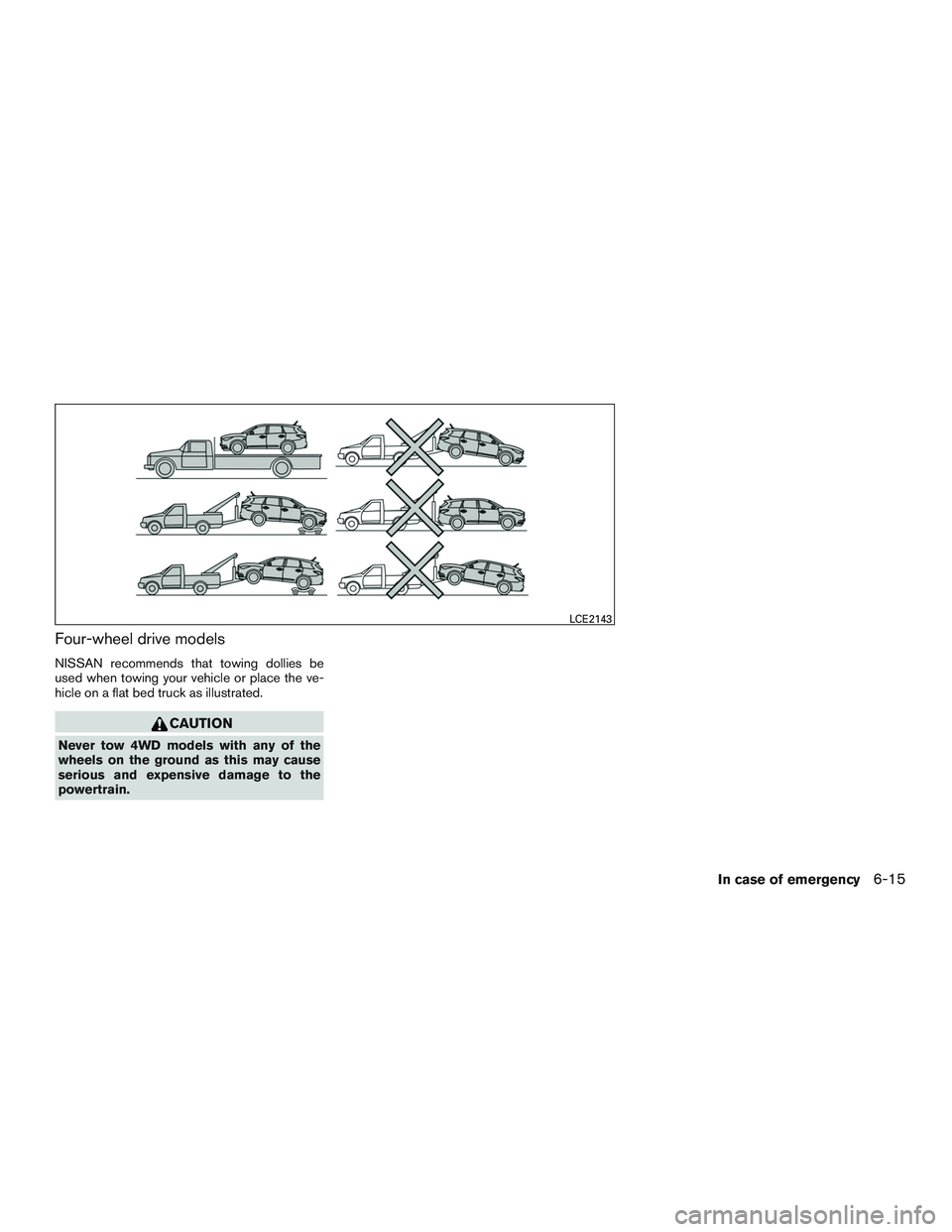 NISSAN PATHFINDER HYBRID 2015  Owners Manual Four-wheel drive models
NISSAN recommends that towing dollies be
used when towing your vehicle or place the ve-
hicle on a flat bed truck as illustrated.
CAUTION
Never tow 4WD models with any of the
w