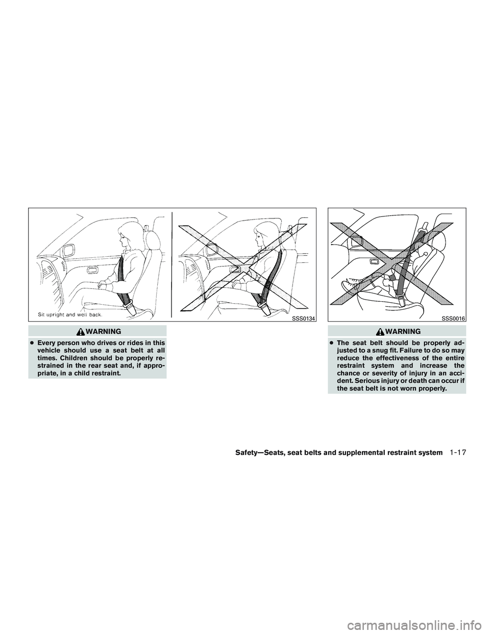 NISSAN PATHFINDER HYBRID 2015 Workshop Manual WARNING
●Every person who drives or rides in this
vehicle should use a seat belt at all
times. Children should be properly re-
strained in the rear seat and, if appro-
priate, in a child restraint.
