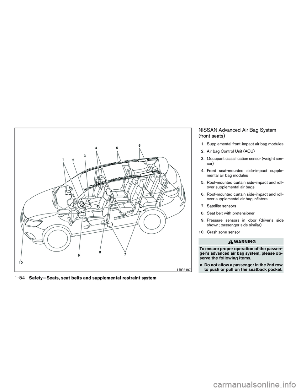 NISSAN PATHFINDER HYBRID 2015 Manual Online NISSAN Advanced Air Bag System
(front seats)
1. Supplemental front-impact air bag modules
2. Air bag Control Unit (ACU)
3. Occupant classification sensor (weight sen-
sor)
4. Front seat-mounted side-i NISSAN PATHFINDER HYBRID 2015 Manual Online NISSAN Advanced Air Bag System
(front seats)
1. Supplemental front-impact air bag modules
2. Air bag Control Unit (ACU)
3. Occupant classification sensor (weight sen-
sor)
4. Front seat-mounted side-i