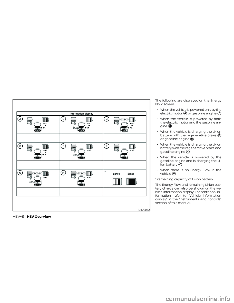 NISSAN ROGUE HYBRID 2018  Owners Manual The following are displayed on the Energy
Flow screen:∙ When the vehicle is powered only by the electric motor
Aor gasoline engineE
∙ When the vehicle is powered by boththe electric motor and th