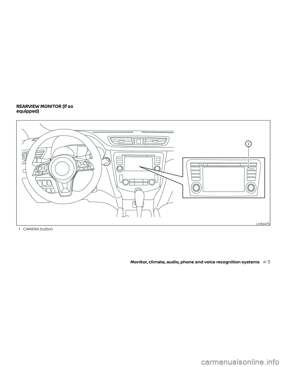 NISSAN ROGUE HYBRID 2018  Owners Manual 1. CAMERA button
LHA4475
REARVIEW MONITOR (if so
equipped)
Monitor, climate, audio, phone and voice recognition systems4-3 