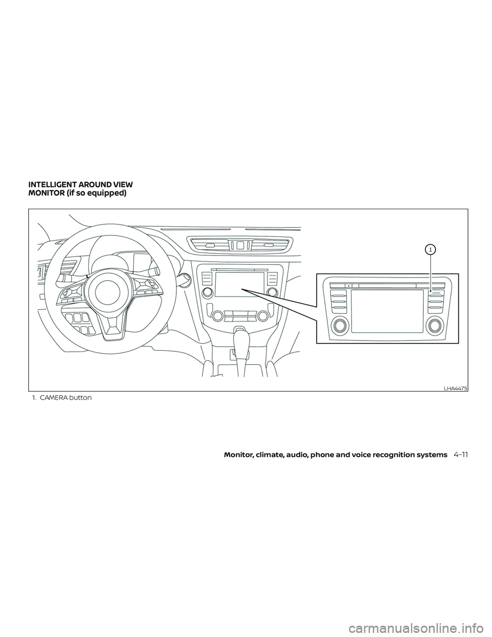 NISSAN ROGUE HYBRID 2018  Owners Manual 1. CAMERA button
LHA4475
INTELLIGENT AROUND VIEW
MONITOR (if so equipped)
Monitor, climate, audio, phone and voice recognition systems4-11 